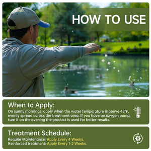 A man in a grey hoodie and blue cap is shown throwing white pellets into a pond. The green bottom section provides "When to Apply" instructions regarding sunny mornings and temperature. A "Treatment Schedule" section recommends application every four weeks for maintenance or every one to two weeks for reinforced treatment.