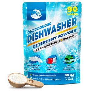 A blue and white stand-up pouch for dishwasher detergent is displayed next to a small wooden scoop filled with white powder. The packaging features a white dolphin logo and bold "DISHWASHER" text. Three circular icons at the bottom illustrate the product's cleaning benefits for dishes and mugs.