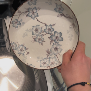 A hand holds a clean, white ceramic plate featuring blue flowers and brown branches. Tiny water droplets cover the surface. A dishwasher rack and silver pot are visible behind it.