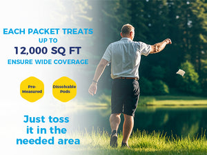 A man in a white shirt and dark shorts stands in a grassy field, tossing a small square packet toward a pond. Two yellow hexagonal icons highlight that the product features pre-measured and dissolvable pods. The text states each packet treats 12,000 square feet.