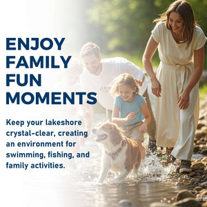 A man, a woman, and a young girl are blurred in the background as they walk along a rocky shoreline. In the foreground, a brown and white dog splashes through clear, shallow water. Dark blue text on the left emphasizes "Enjoy Family Fun Moments."