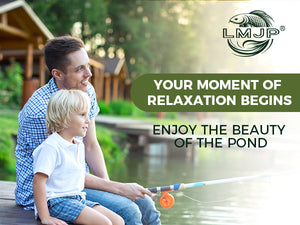 A man in a blue checkered shirt and a young blonde boy in a white polo sit together on a wooden dock. The man holds a fishing rod with an orange reel extended over the water. Large white text reads "YOUR MOMENT OF RELAXATION BEGINS" and "ENJOY THE BEAUTY OF THE POND" next to the LMJP logo.