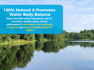 A wide landscape photograph shows a calm, clear lake reflecting a lush green forest under a blue sky. A large blue text box in the upper left corner states that the product is 100% natural and promotes water body balance for animals and plants.
