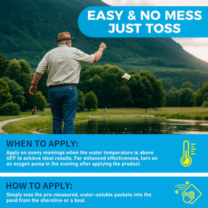 An elderly man wearing a tan hat and shirt stands by a pond, tossing a small square packet into the water. The background shows green trees and mountains. The image includes text instructions for "When to Apply" and "How to Apply" over a bright blue background.
