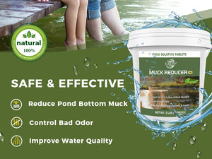 This graphic features a large white 5 lb bucket of Muck Reducer Pro centered in a water splash. A "100% natural" seal appears in the upper left corner. Three icons with accompanying text describe the product's ability to reduce bottom muck, control odors, and improve the quality of pond water.