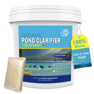 A white plastic bucket with a light blue label that reads "Natural Pond Clarifier Treatment Pro." Beside it sits a single small, tan-colored mesh packet filled with fine granules. The label features a scenic lake with four deer and a yellow "100% Nature" hangtag attached to the handle.