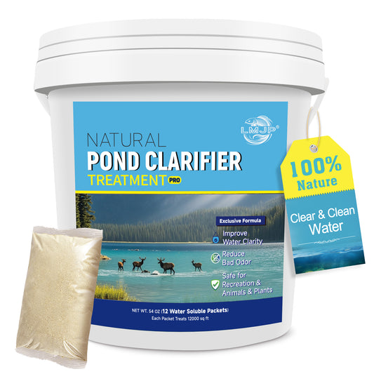 A white plastic bucket with a light blue label that reads "Natural Pond Clarifier Treatment Pro." Beside it sits a single small, tan-colored mesh packet filled with fine granules. The label features a scenic lake with four deer and a yellow "100% Nature" hangtag attached to the handle.
