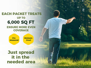 A man in a white t-shirt and jeans walks away from the camera toward a sunny shoreline, tossing white pellets into the air. Large text states that each packet treats up to 6,000 square feet. Two yellow hexagonal icons highlight that the product is "Pre-Measured" and "Moisture-Proof".