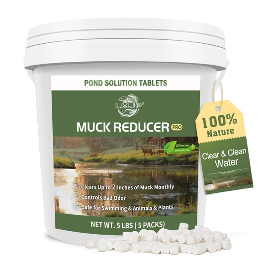A white bucket of Pond Solution Tablets with a green landscape label. A yellow and green "100% Nature" hangtag is attached to the handle on the right. Small white cylindrical tablets are piled at the base of the bucket against a plain white background.