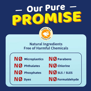A dark blue and light blue graphic features the word "PROMISE" in large yellow letters above a "Cruelty Free" rabbit logo. A list shows "NO" symbols next to various chemicals, including microplastics, phthalates, phosphates, dyes, parabens, chlorine, SLS/SLES, and formaldehyde, promising a natural ingredient formula.