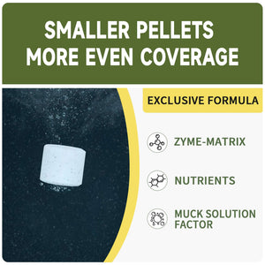 The image features a close-up of a single white, cylindrical pellet sinking in dark blue water with small bubbles. To the right, three icons represent "ZYME-MATRIX," "NUTRIENTS," and "MUCK SOLUTION FACTOR." The header highlights that smaller pellets provide more even coverage using an exclusive formula.