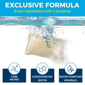 A tan mesh packet is submerged under clear water, releasing a cloud of fine particles. Three circular icons at the bottom are labeled "Zyme Matrix," "Concentrated Biotin," and "Water-Purifying Minerals." The top of the image features a blue banner with white and yellow text.