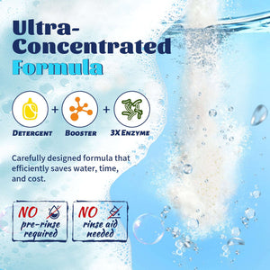 White detergent powder falls into clear blue water, creating bubbles and splashes. Three circular icons represent detergent, booster, and 3X enzyme components. Large text reads "Ultra-Concentrated Formula," and two boxes at the bottom indicate that no pre-rinse or extra rinse aid is required for cleaning.