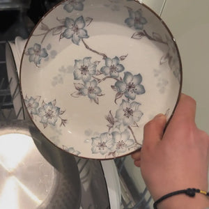 A hand holding a clean ceramic plate with a blue floral pattern after being washed in a dishwasher.