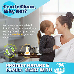 A smiling mother and her young daughter look at each other affectionately in a brightly lit kitchen. The image includes text about environmentally conscious principles and features icons for "100% Plastic-Free" and "Ethoxylate-Free." A blue banner at the bottom displays the LMJP brand logo and nature protection slogan.